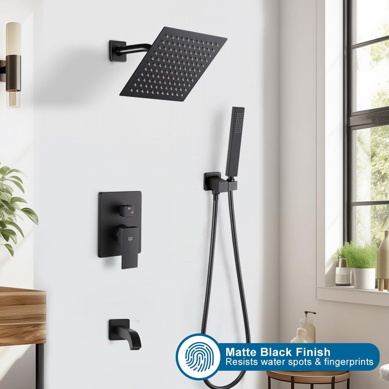 POP SANITARYWARE Matte Black Shower Faucet Set with Tub Spout Bathroom Rainfall 8 Inch Shower Head System with Handheld Single Handle Shower Trim Kit with Valve - Image 2